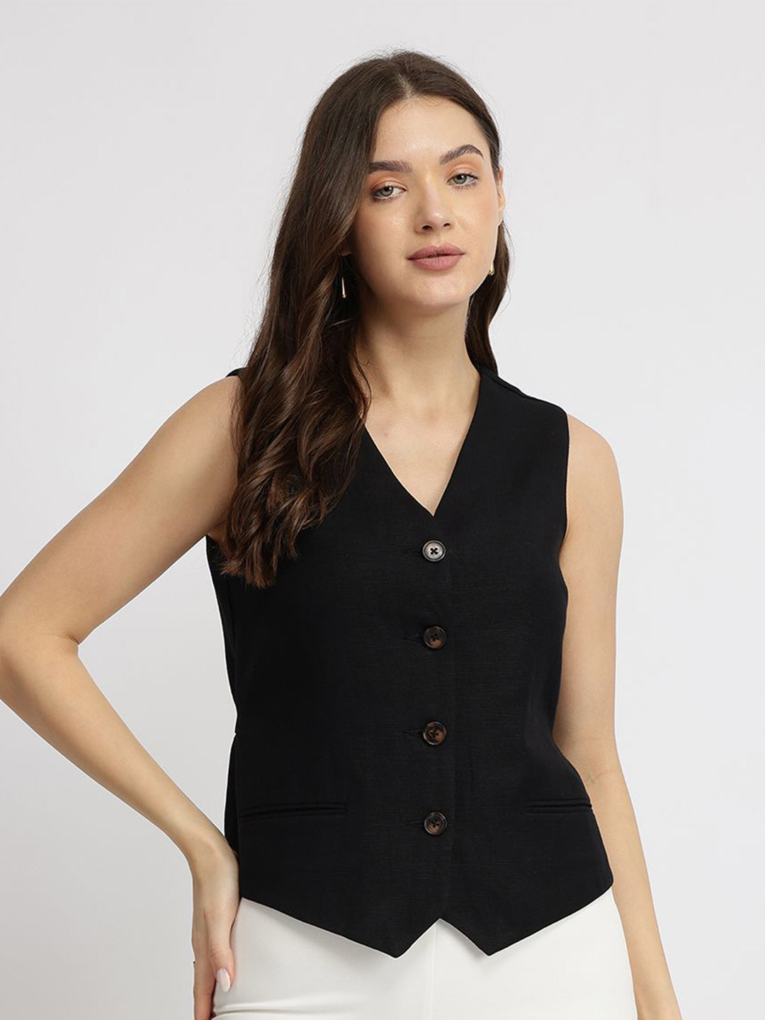 FableStreet Black Linen Waistcoat Top