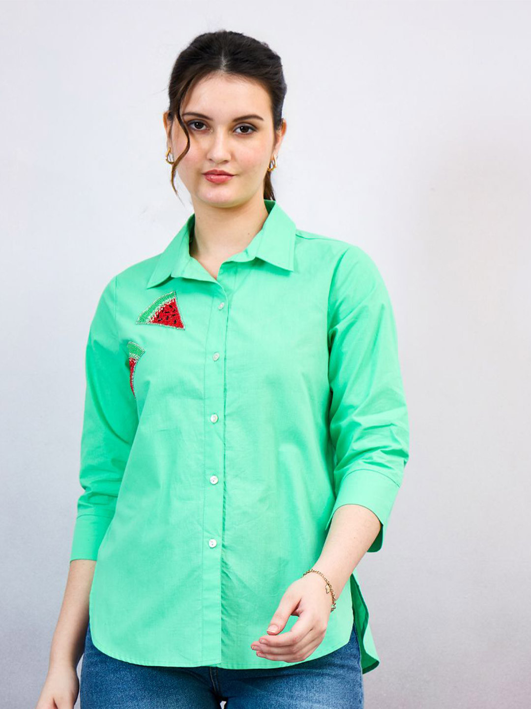 Shally Bhasin by Athena Standard Spread Collar Embroidered Relaxed Fit Cotton Shirt