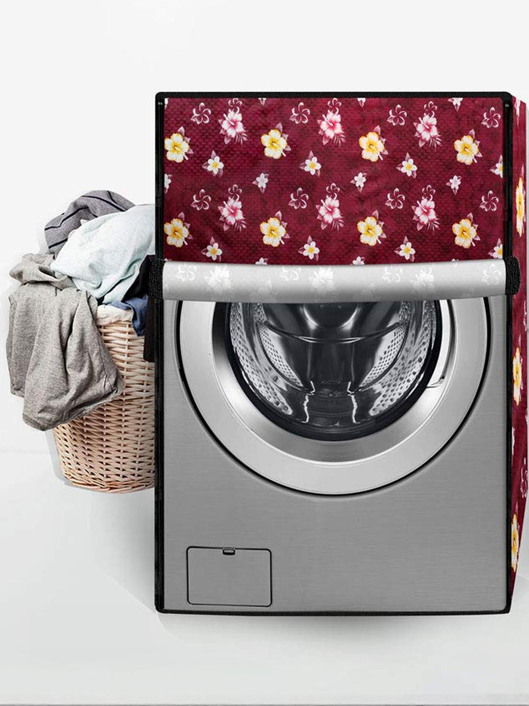 The Furnishing Tree Red Plastic Floral Printed Front Load Waterproof Washing Machine Cover
