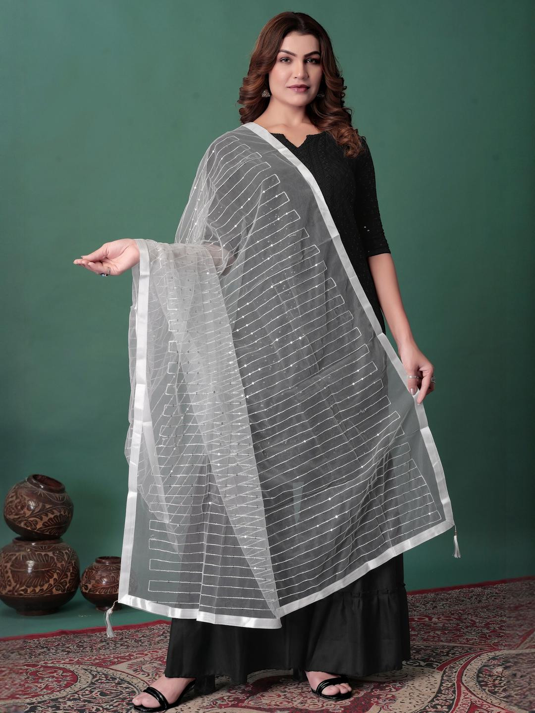 EBADAT Embroidered White Cotton Dupatta