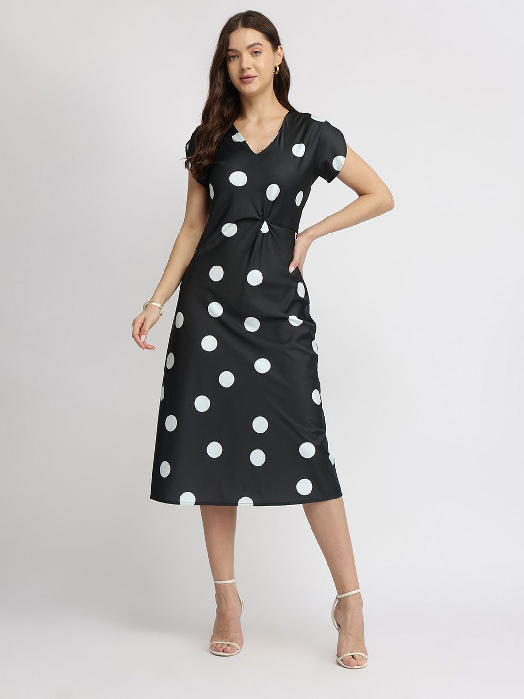 FableStreet Satin Polka Dot Dress Black