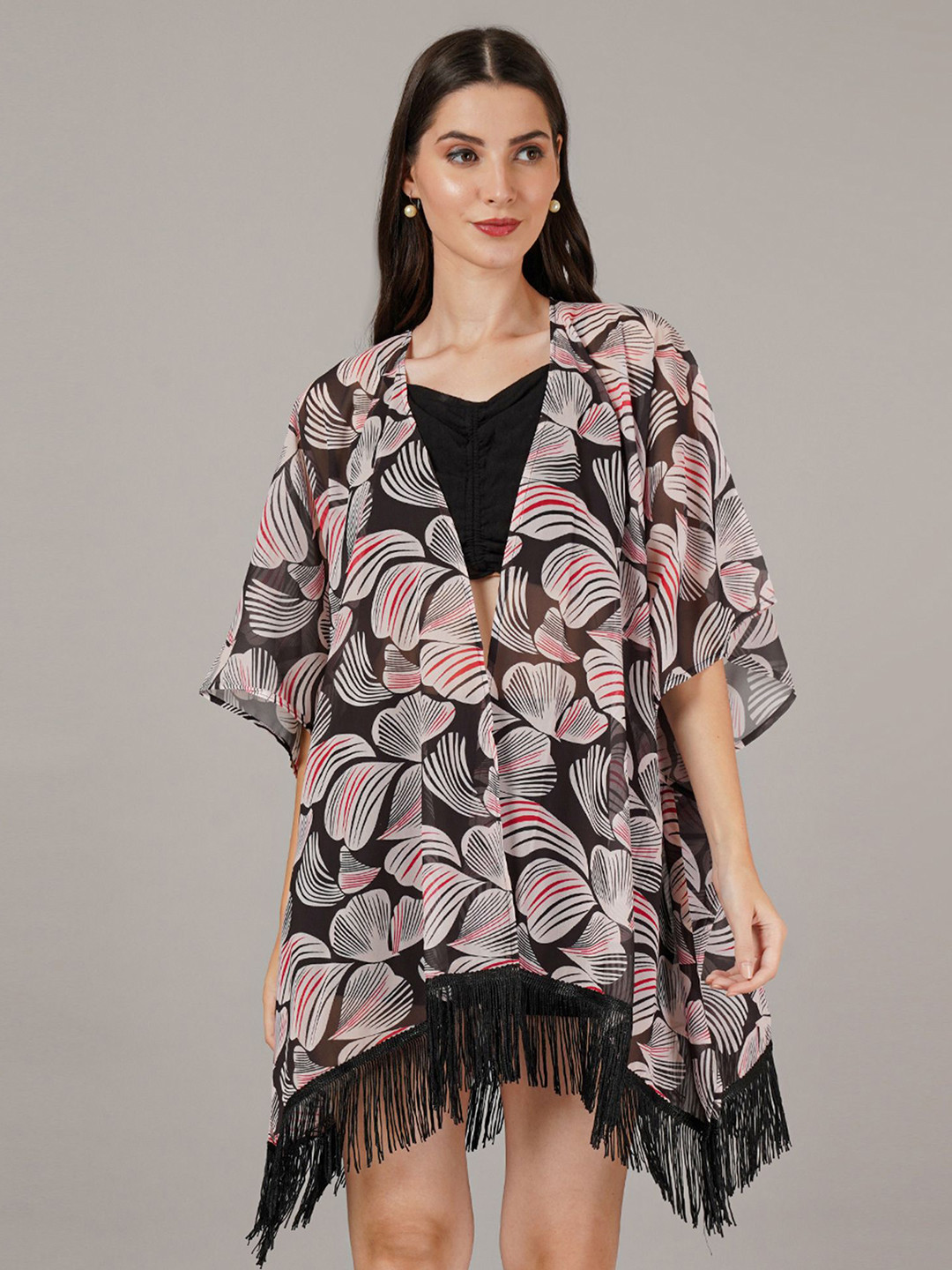 ARV TRENDS Floral Printed V-Neck Open Front Georgette Shrug