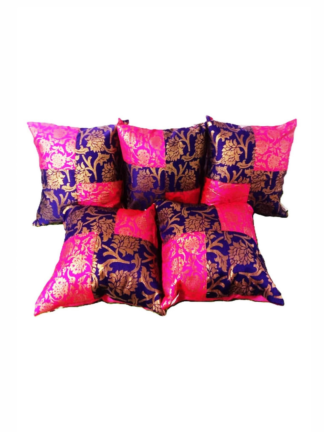 Pink Parrot Pink & Purple 5 Pieces Printed Jacquard Silk Square Cushion Covers