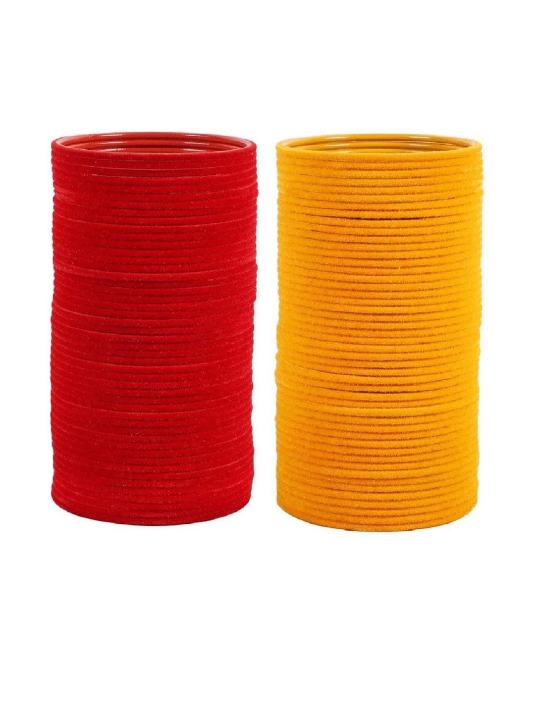 Guddan Set of 96 Red & Haldi Metal Velvet Bangles