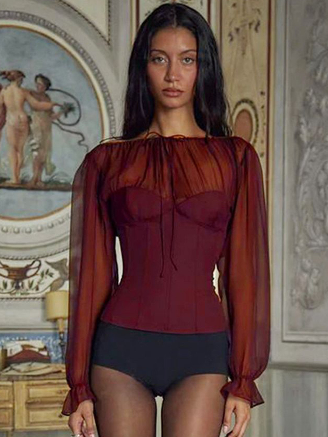 LULU & SKY Women Semi Sheer Bell Sleeves Corset Top