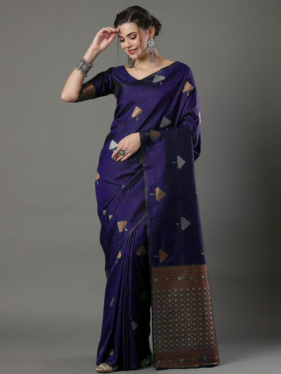 CaniBani Purple Silk Blend Banarasi Sarees