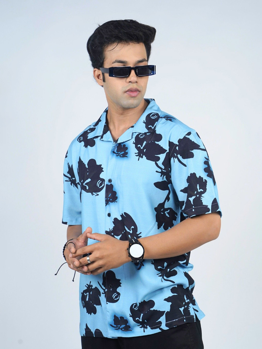 Eszett Azure Floral Printed Cuban Collar Pure Cotton Shirt