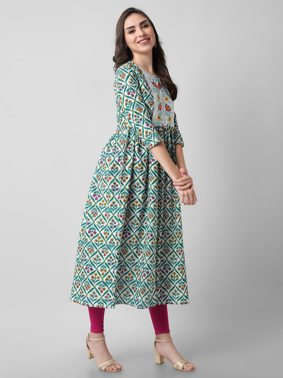 HERE&NOW Women Geometric Embroidered Screen Print Daily Pure Cotton A-Line Kurta