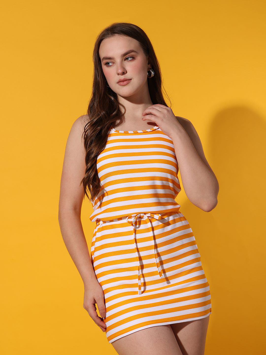 Istyle Can Women Striped Tie-Ups Round Neck Bodycon Mini Dress