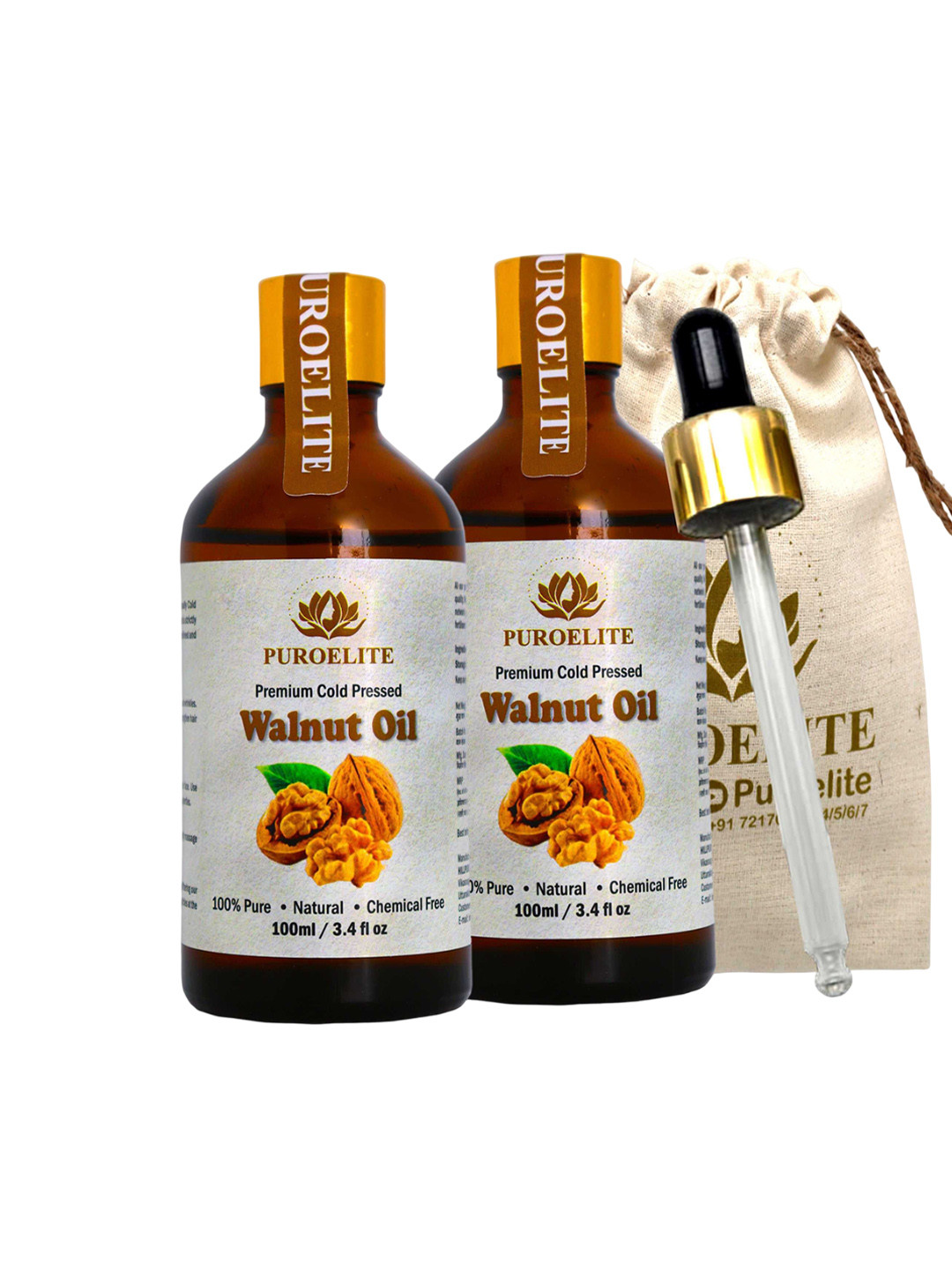 Puroelite Set Of 2 Cold Pressed Walnut Oil With Dropper For Face & Body - 100 ml Each