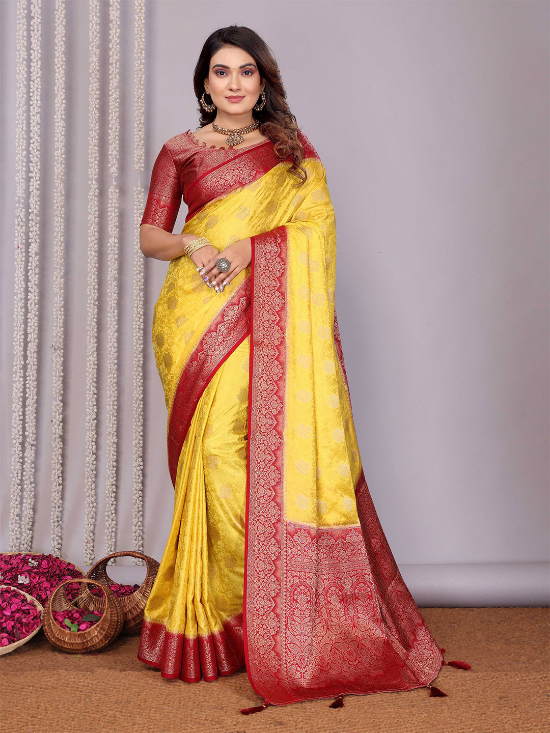 Divyadham Textiles Woven Design Floral Print Zari Satin Banarasi Saree