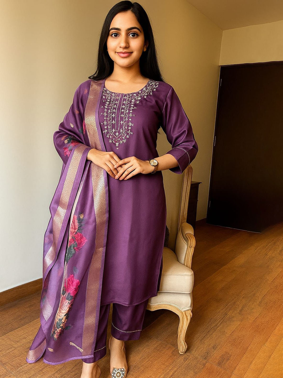 LIZORD FAB Women Floral Yoke Design Kurta with Trousers & Dupatta