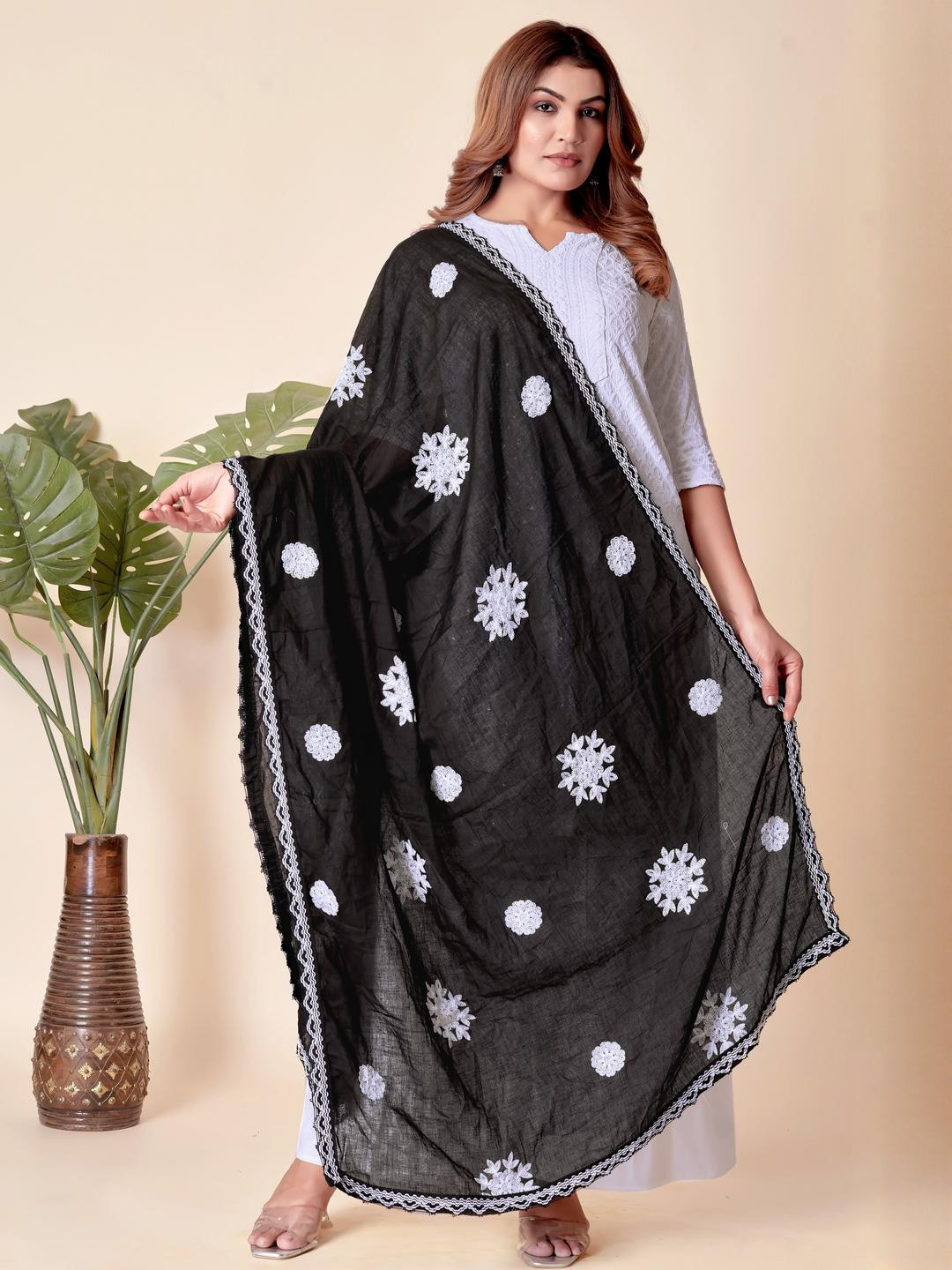EBADAT Embroidered Black Cotton Dupatta