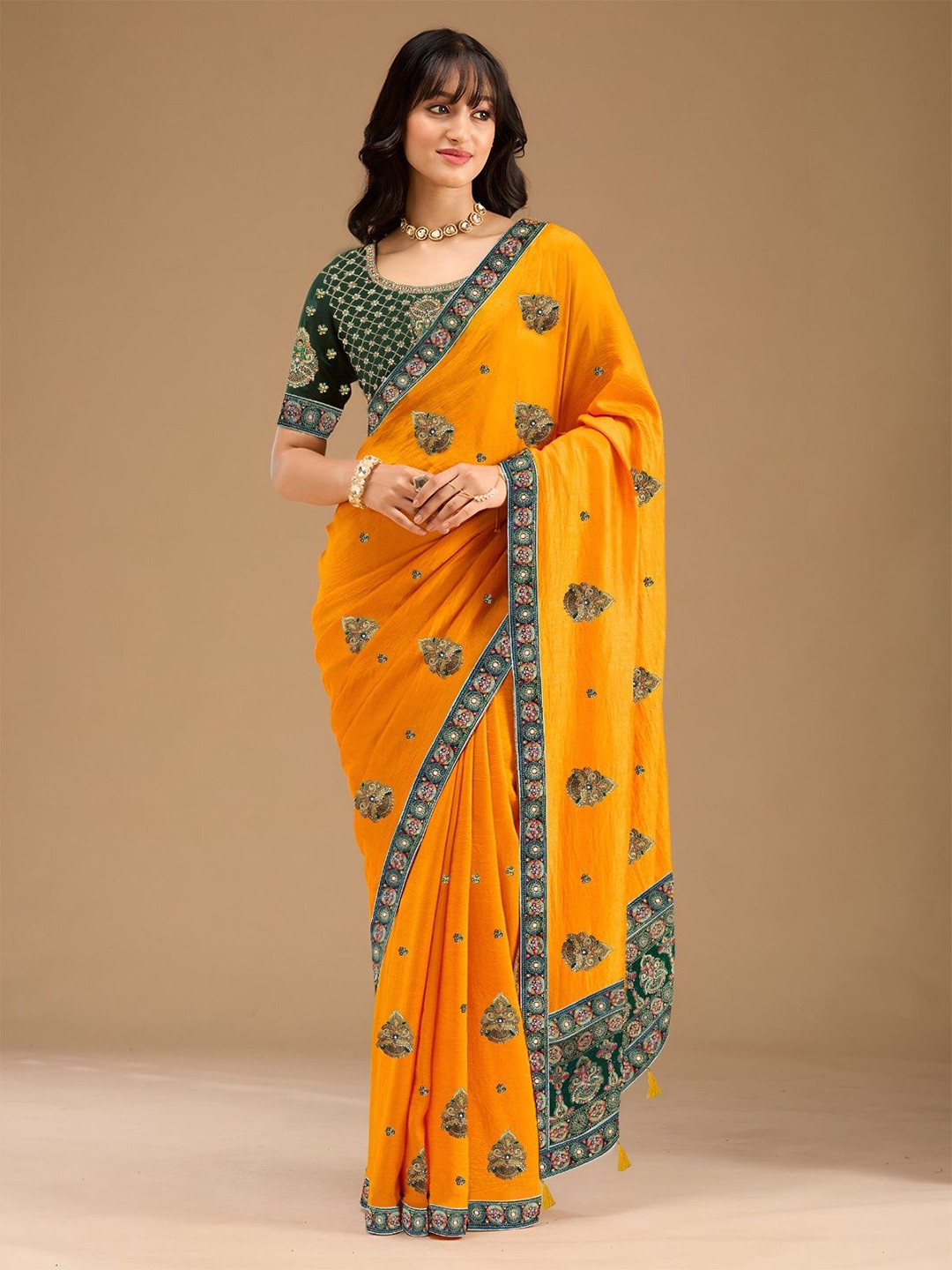 MADHUR HAND WORK ART Ethnic Motifs Embroidered Beads and Stones Tissue Saree