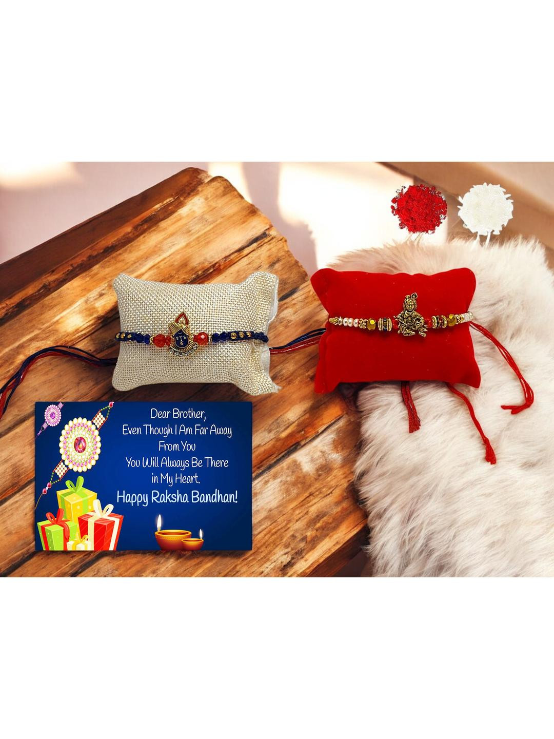 2 Krishna Metal Rakhi::  Greeting card n Roli