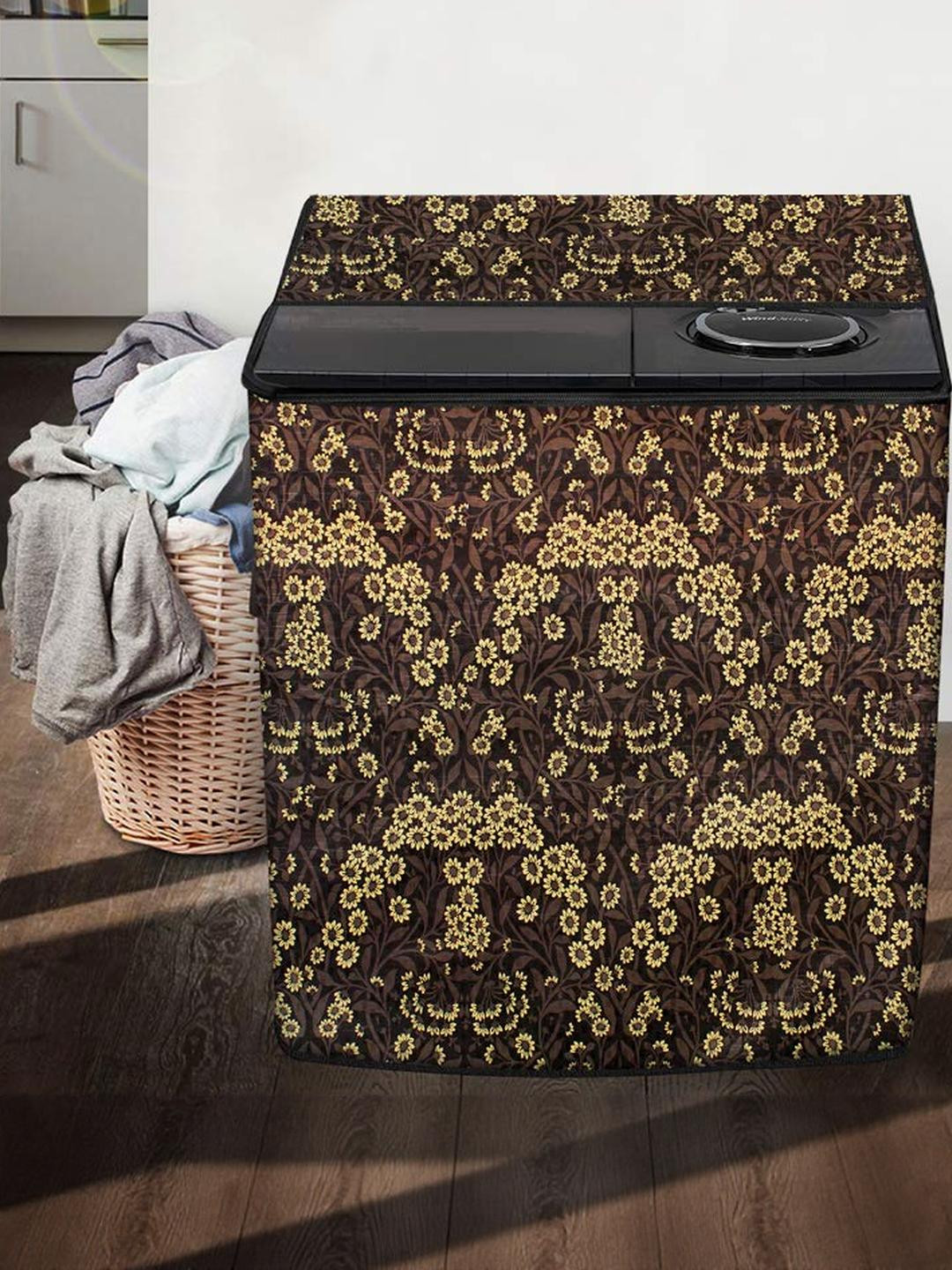 The Furnishing Tree Washing Machine Cover Florals Pattern Brown Compatible for Whirlpool 11 Kg Semi
