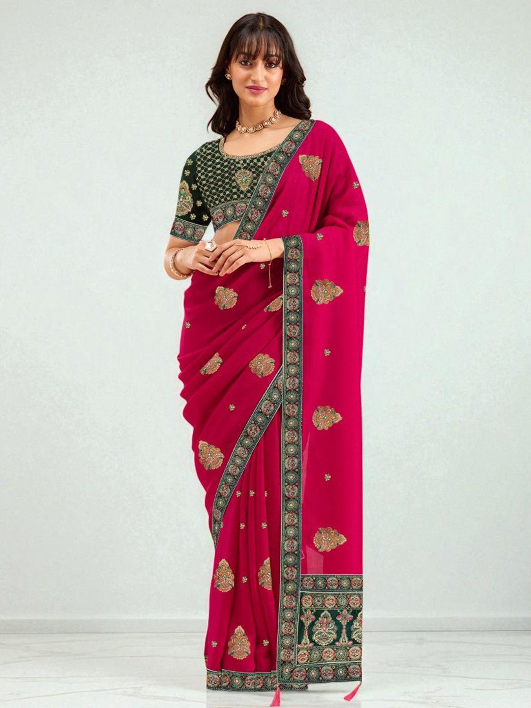 MADHUR HAND WORK ART Ethnic Motifs Embroidered Mirror Work Saree