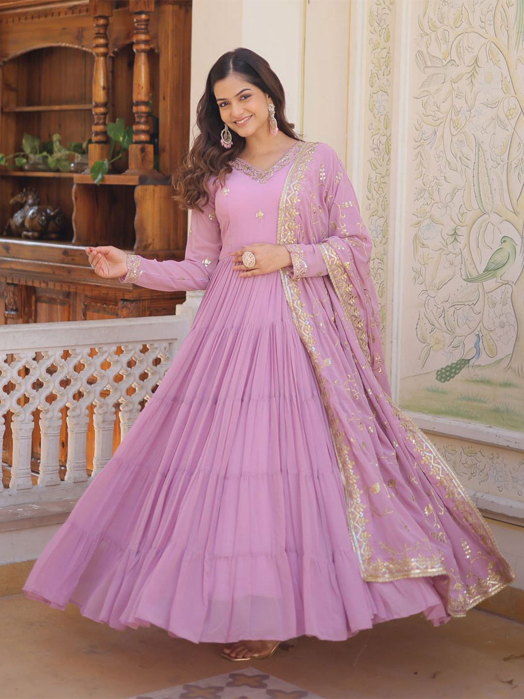 KALINI Floral Yoke Design Sequinned Georgette Anarkali Ethnic Dress With Dupatta