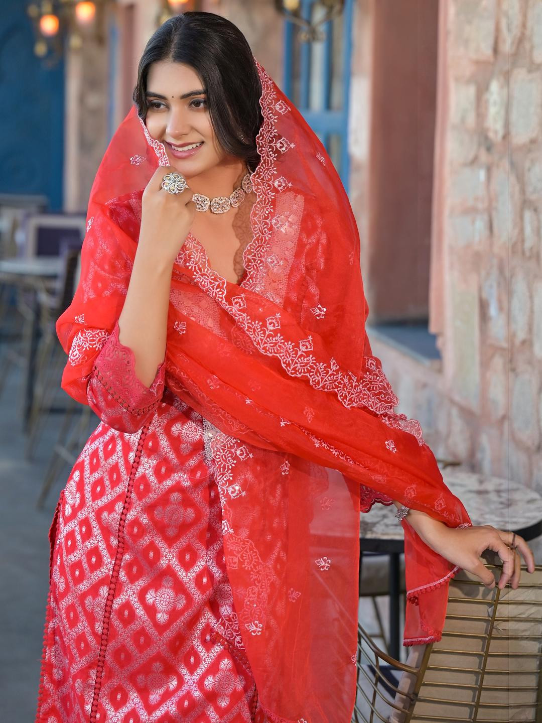 Aavanya Powder Blue Cotton with Hand Work V-Neck Kurta & Trouser With Dupatta