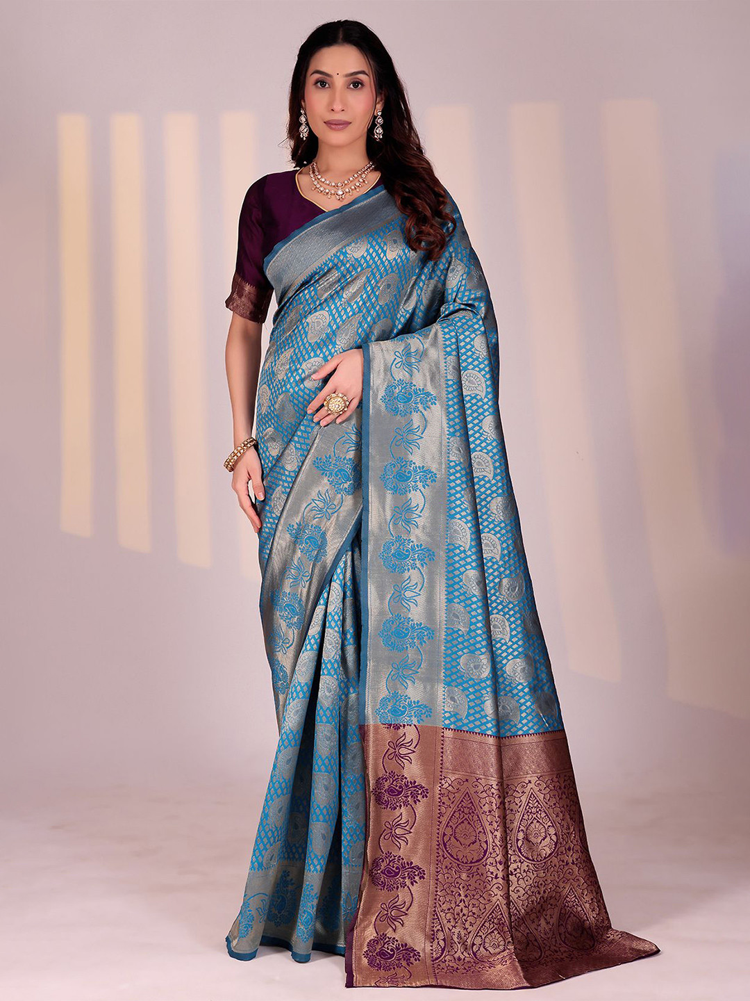 Florence New Stylish Paisley Woven Design Zari Kanjeevaram Saree with Blouse Piece