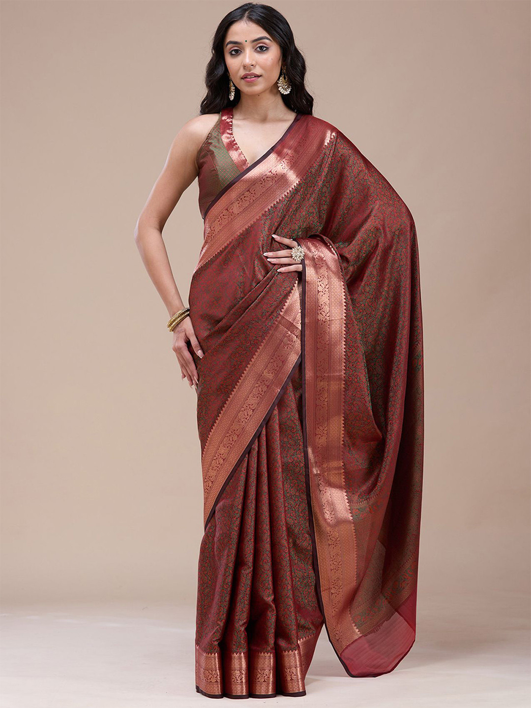 Koskii Orange Zari Work Gold Banarasi Silk Saree