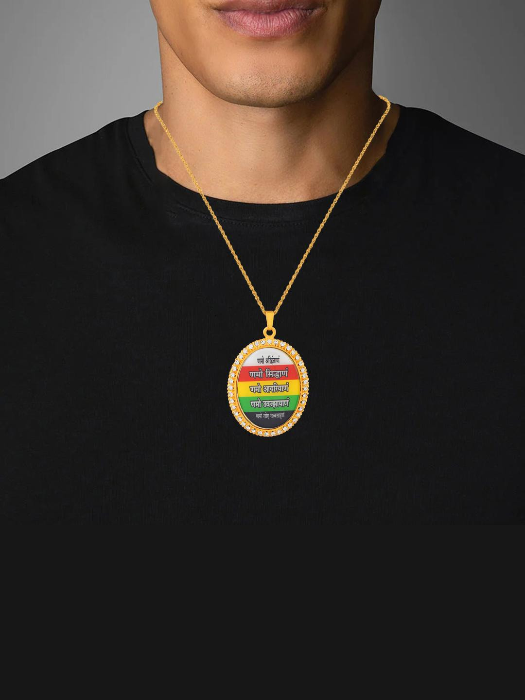 MEMOIR Gold Plated CZ Jain Namokar Navkar Mantra Pendant & Chain