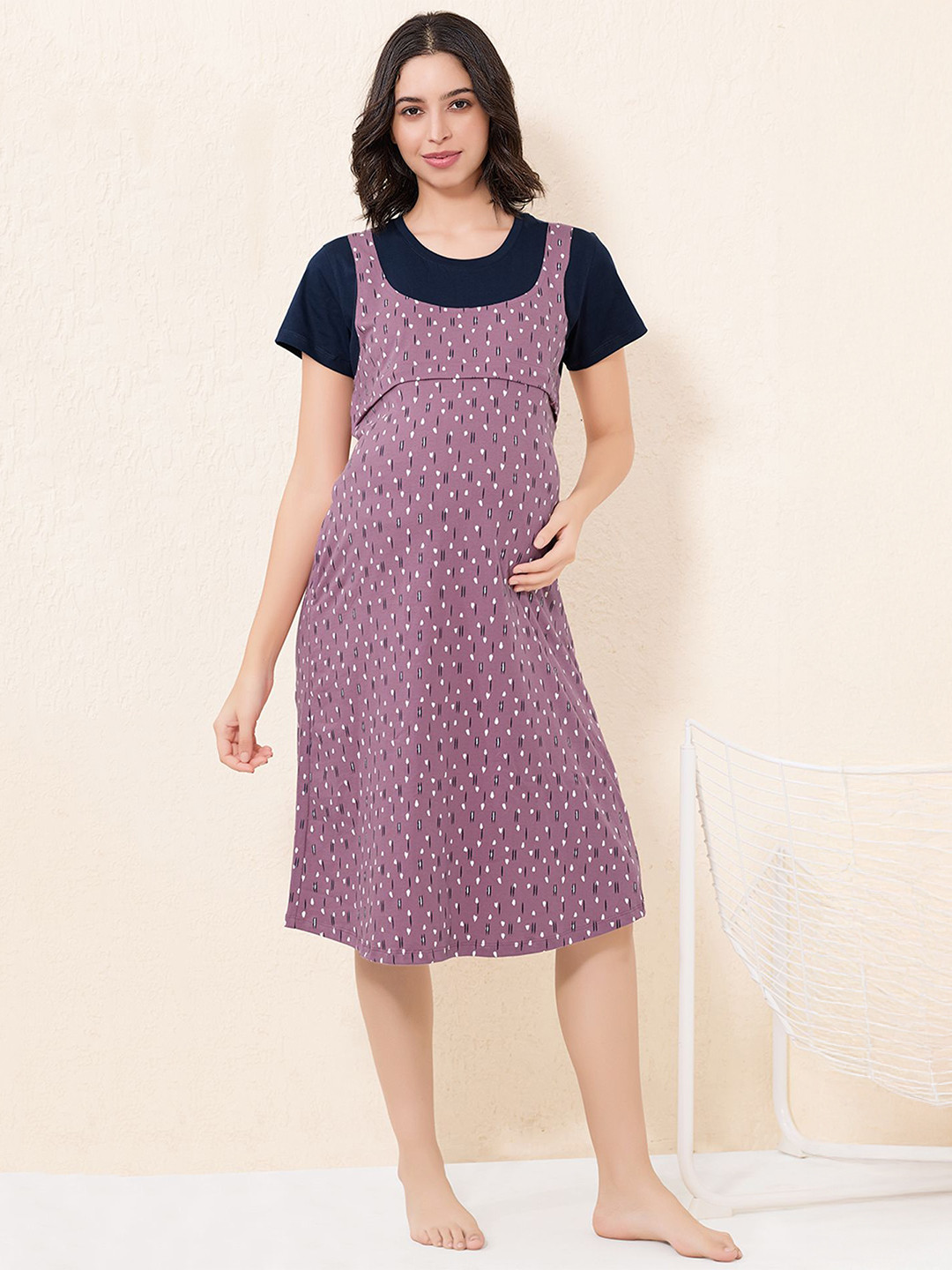 Quira Women's Printed Half Sleeve Knee Length Maternity Nightdress