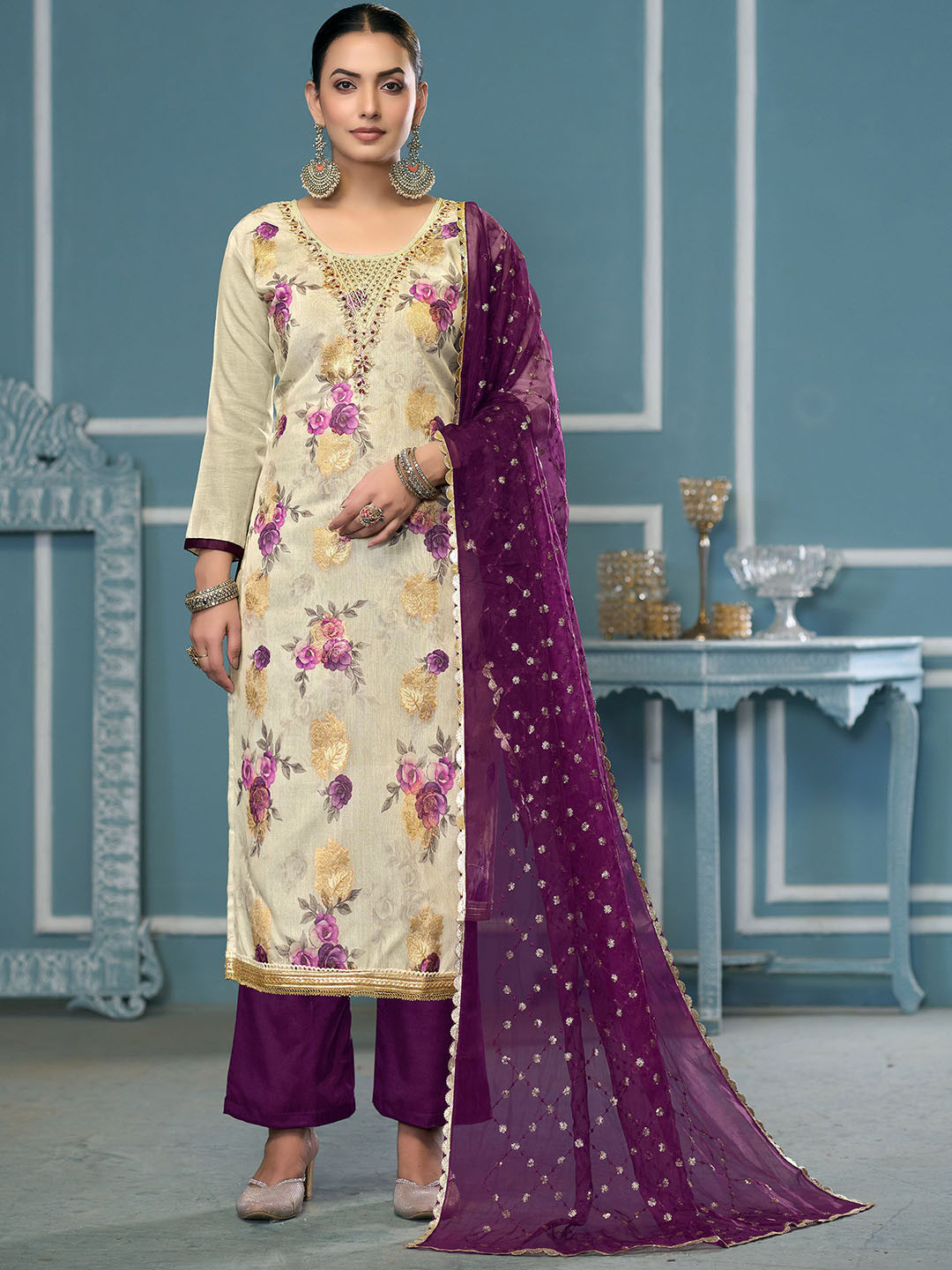 HERE&NOW Floral Printed Bedas & Stones Unstitched Dress Material