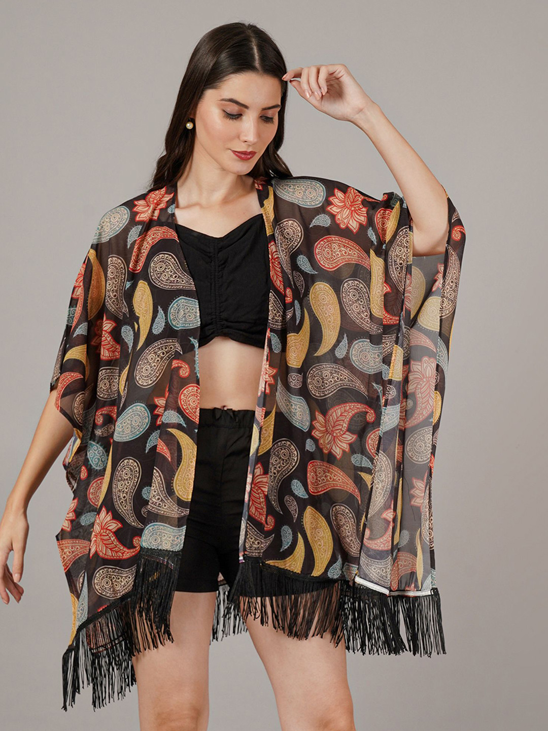 ARV TRENDS Printed Waterfall V-Neck Short Sleeves Kimono Shrug