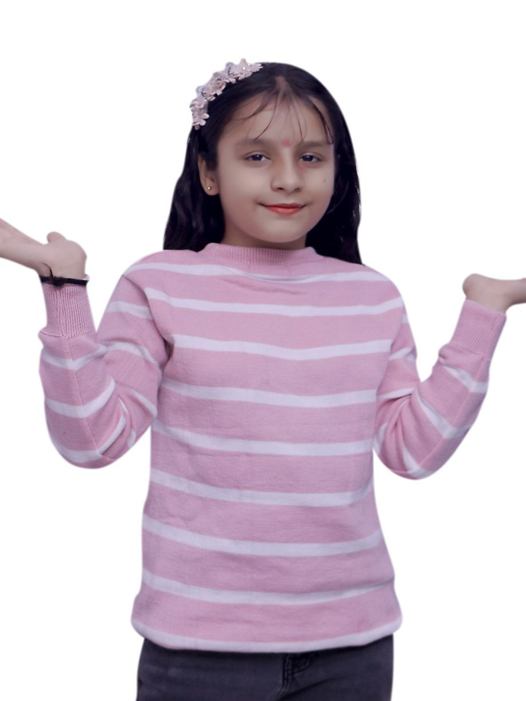 Litton Girls Striped Round Neck Woollen Long Sleeves Pullover Sweater