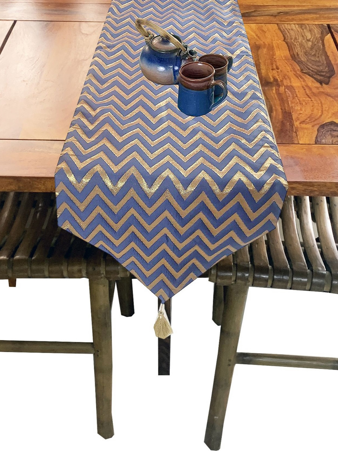 Pink Parrot Blue Geometric-Patterned Hexagonal Table Runner With Tassels