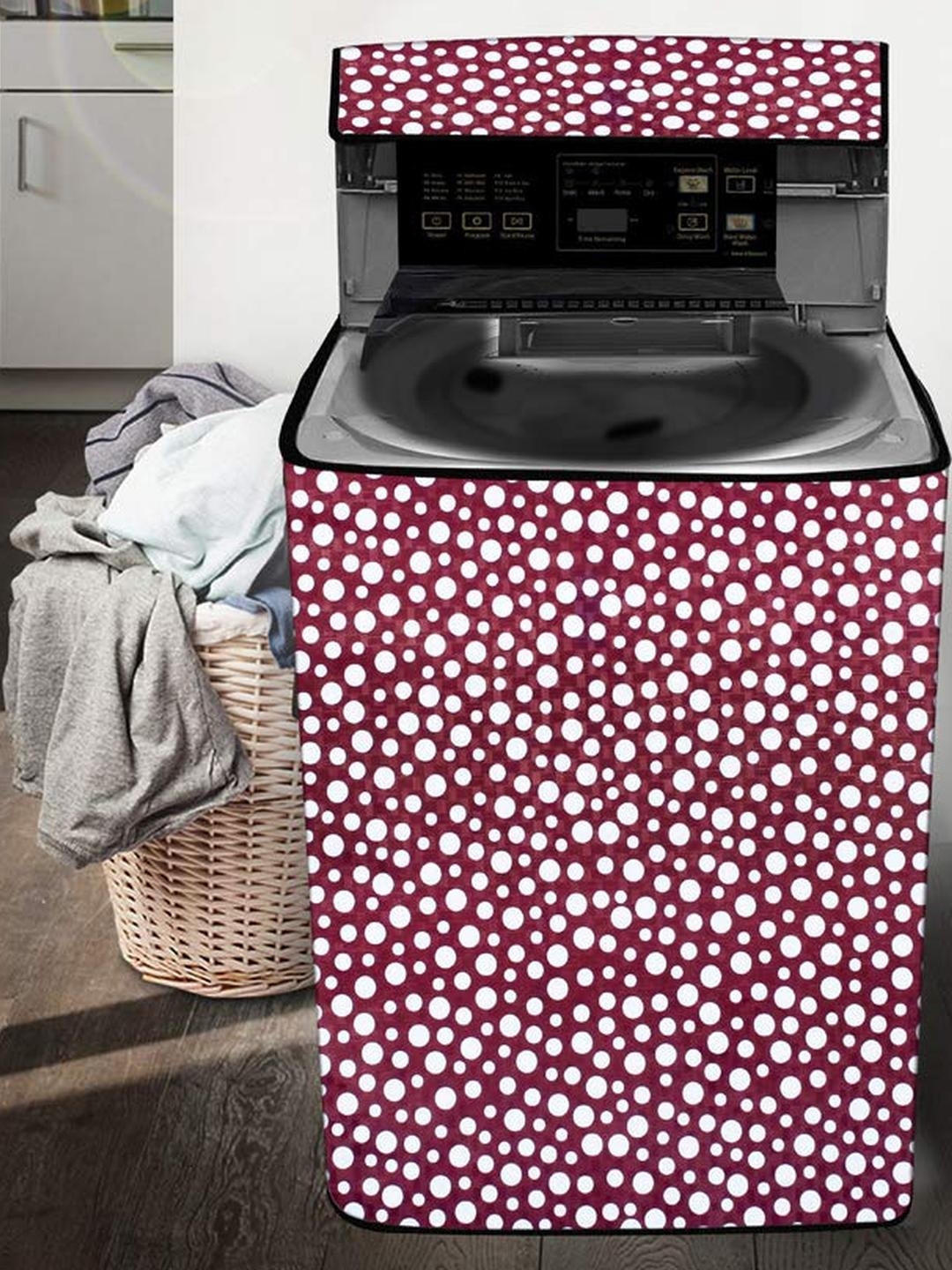 The Furnishing Tree Red Polka Dotted Printed Washing Machine Cover