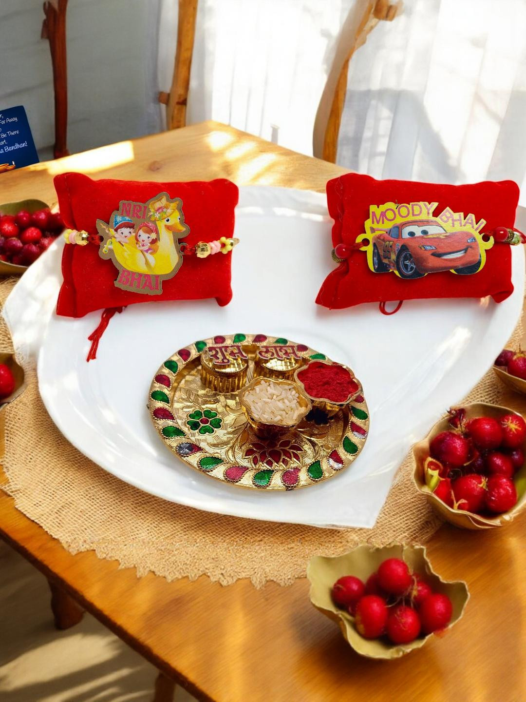 2 Cartoon Wood Rakhi 4.5 Inch Plate Greeting card n Roli