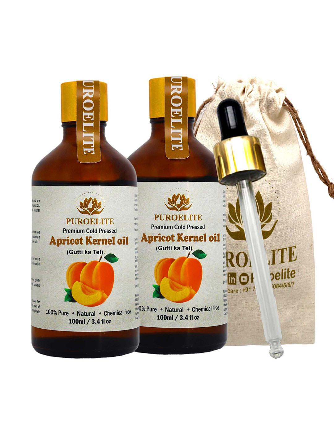 Puroelite Set Of 2 Cold Pressed Apricot Oil With Dropper For Face, Hair & Body 100 ml Each