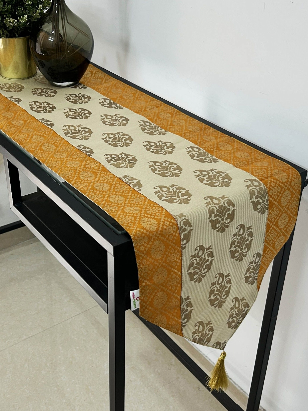 Pink Parrot Mustard-Yellow & Beige Ethnic Motifs Table Runner With Tassels