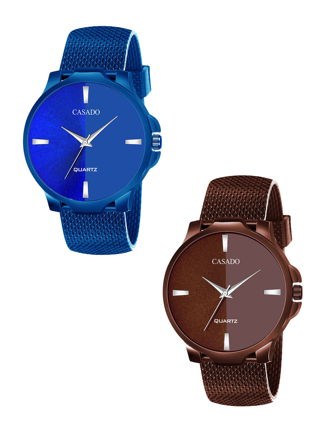 CASADO Men Pack of 2 Round Dial & Textured Straps Analogue Watch 326-COMBO-BROWN-BLUE