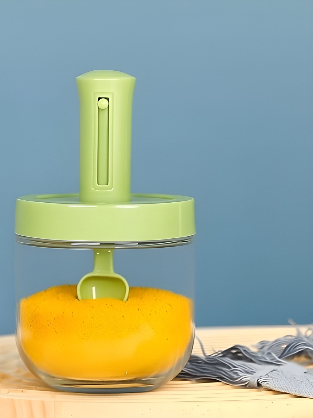 Baskety Green Glass Spice Box With Plastic Extandable Spoon Airtight Lid