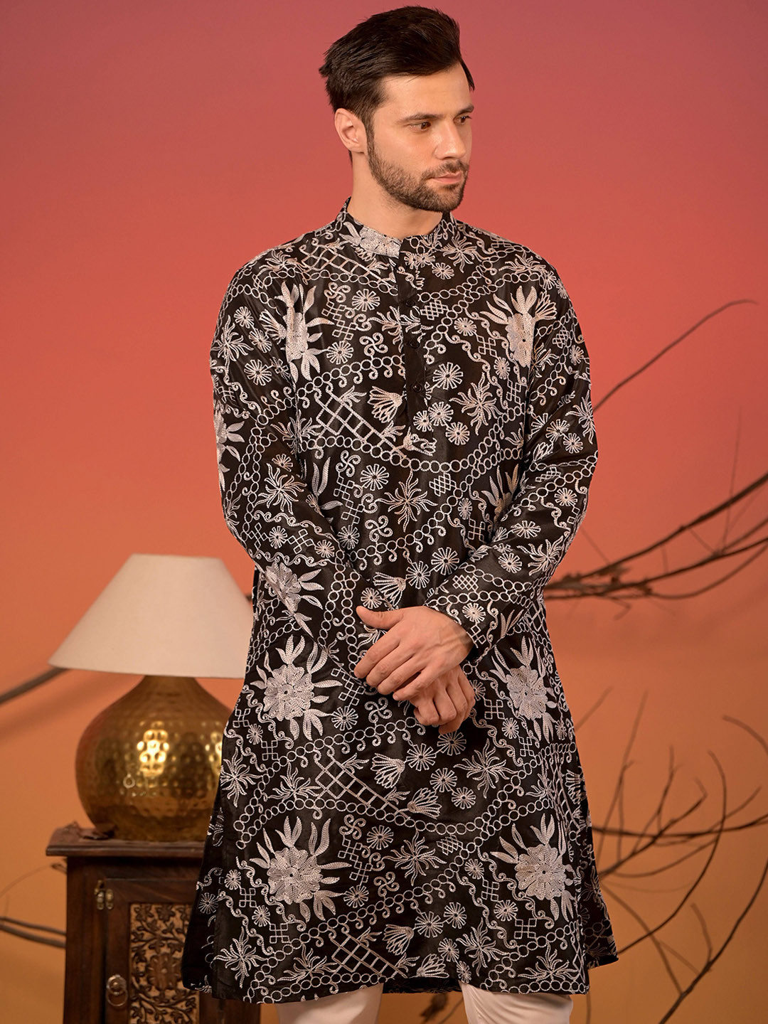 Rangkathaa Men Ethnic Motifs Embroidered Silk A-Line Kurta with Trousers