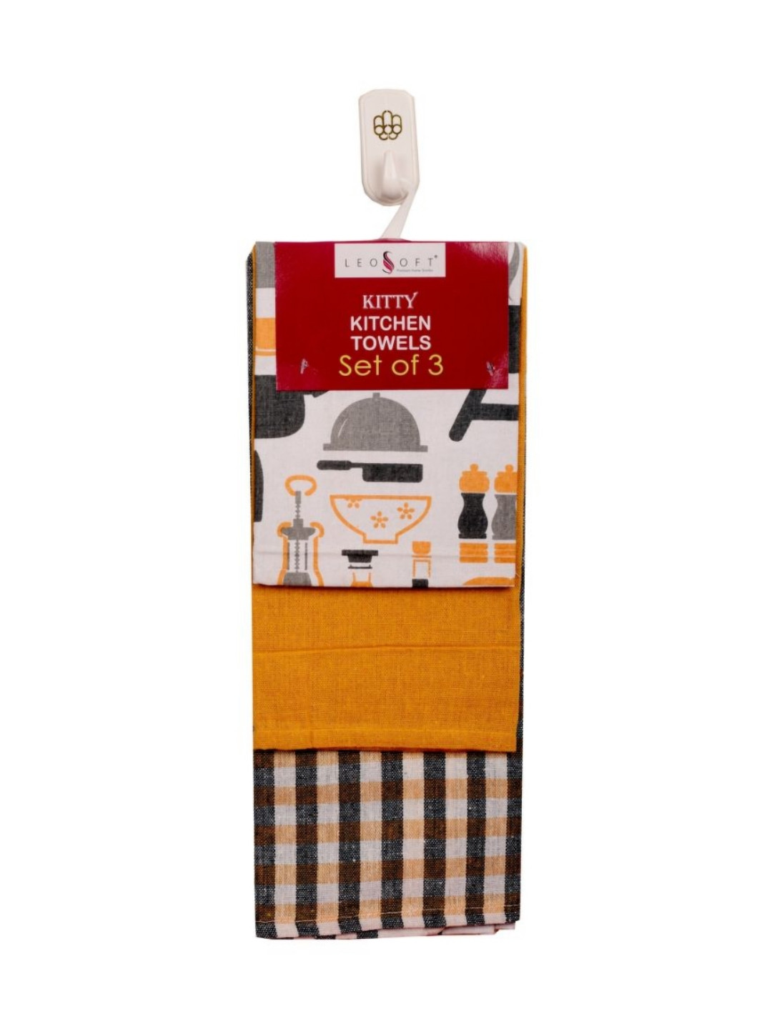 LEOSOFT 3Pcs White & Yellow Printed Cotton Kitchen Towels