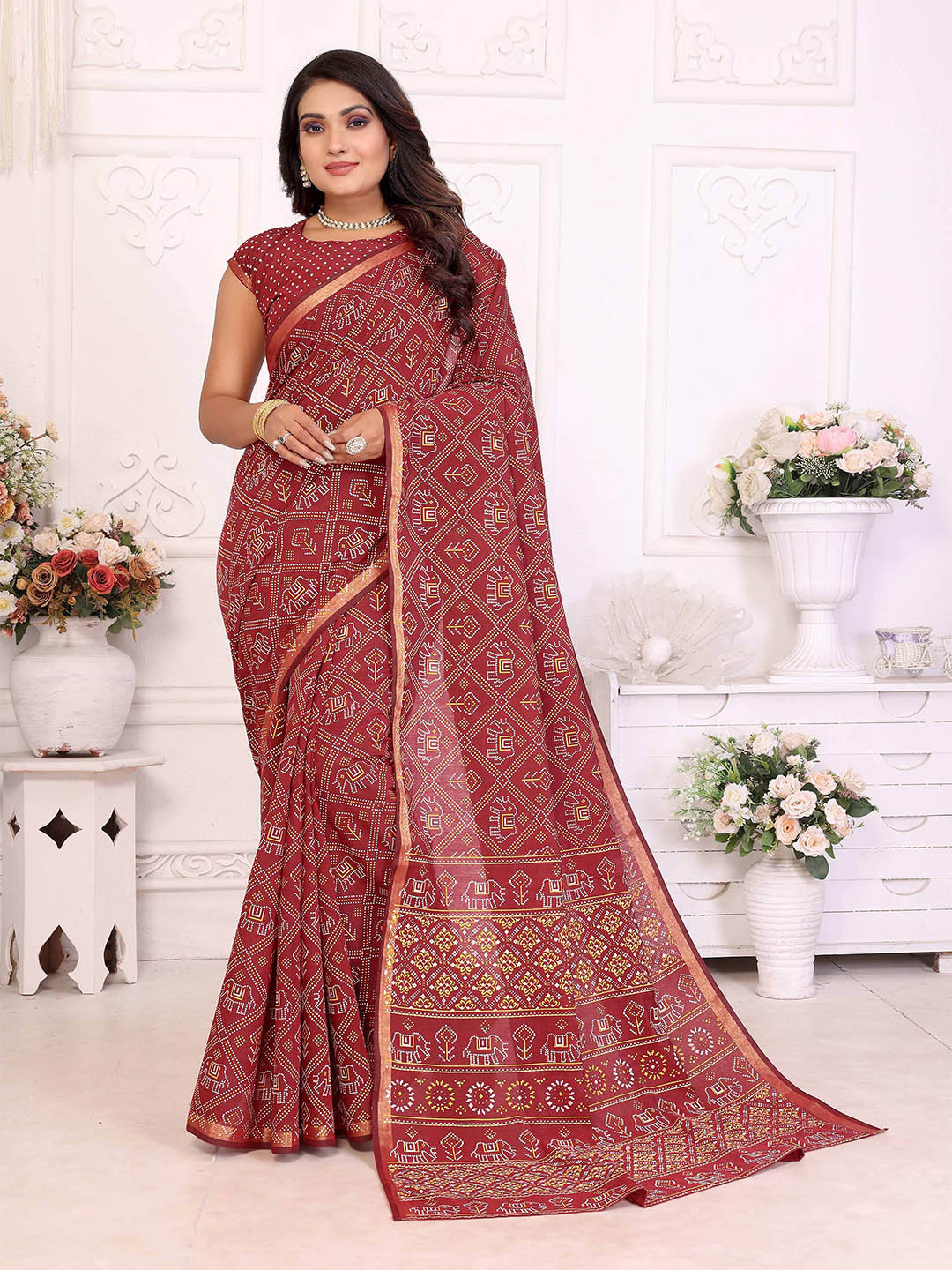 Divyadham Textiles Zari Border Pure Cotton Bandhani Saree