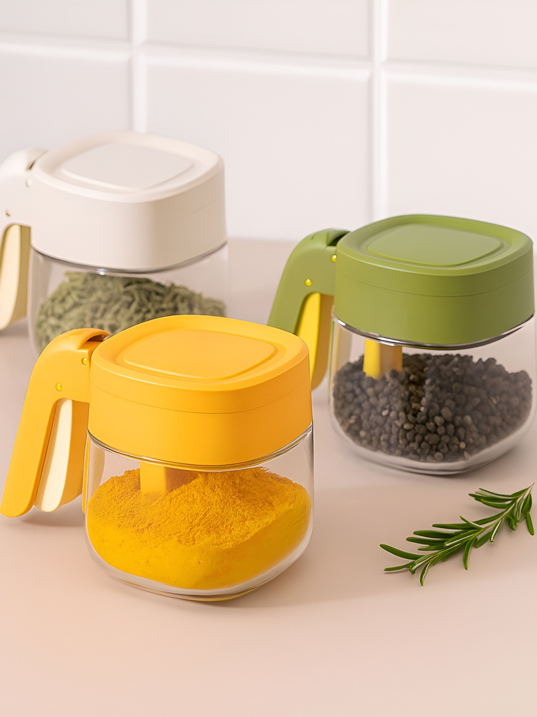 Baskety 3 Piece Glass Spice Jar With Plastic Spoon Airtight Lid Handle