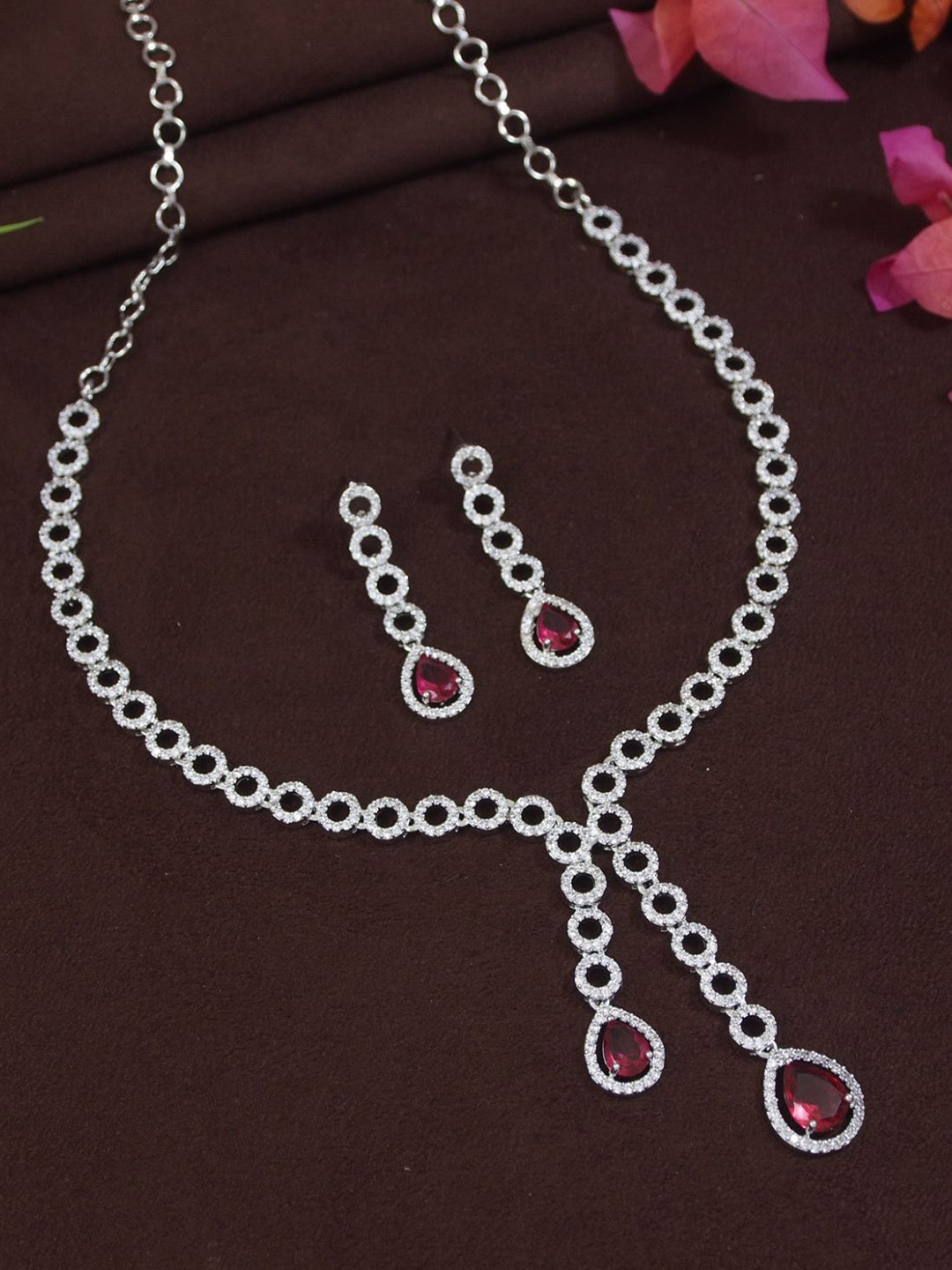 SGA FASHION Silver Plated & Ruby Jewellery Set