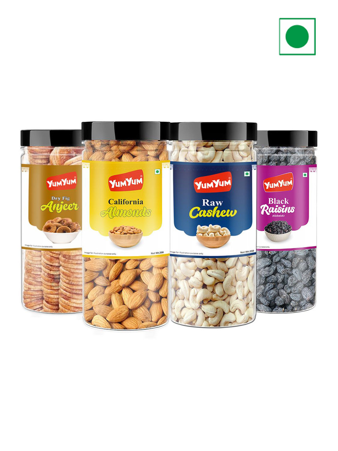 YUM YUM 4-Pcs Almond Cashew Black Raisins Anjeer 250g Each