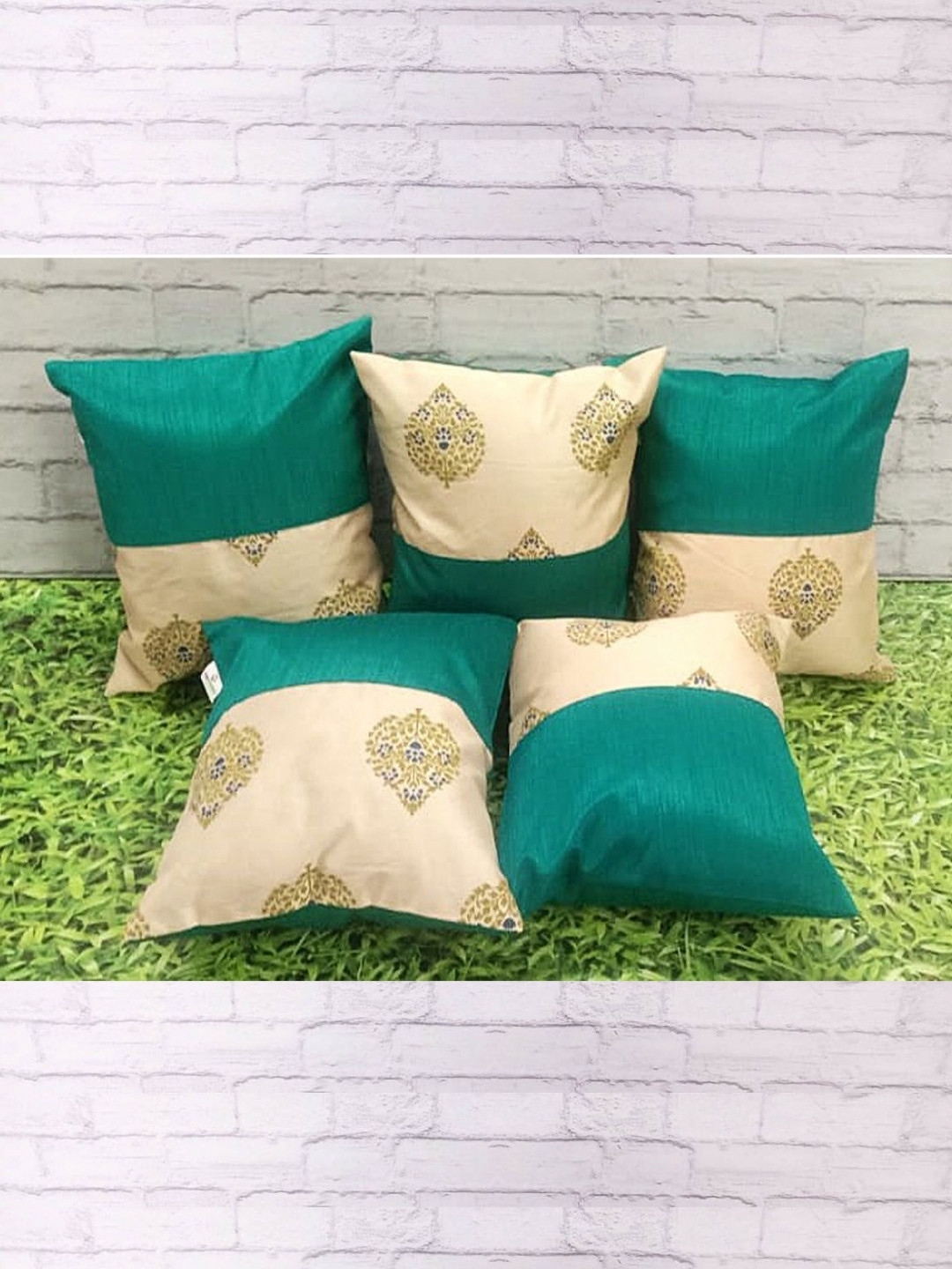Pink Parrot Green & Cream-Coloured 5 Pieces Ethnic Jacquard Silk Square Cushion Covers