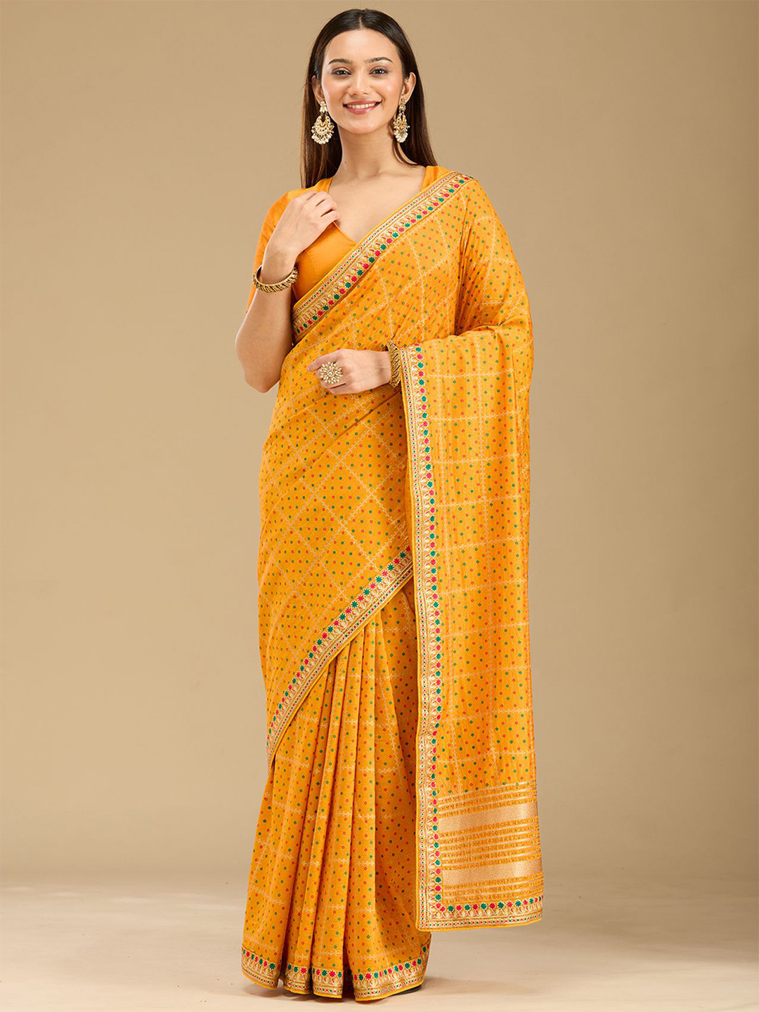 Koskii Mustard Zariwork Gold Soft Raw Silk Saree
