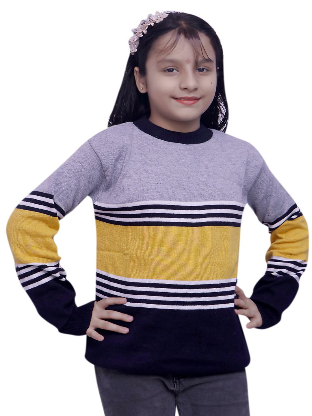 Litton Girls Striped Ribbed Woollen Pullover