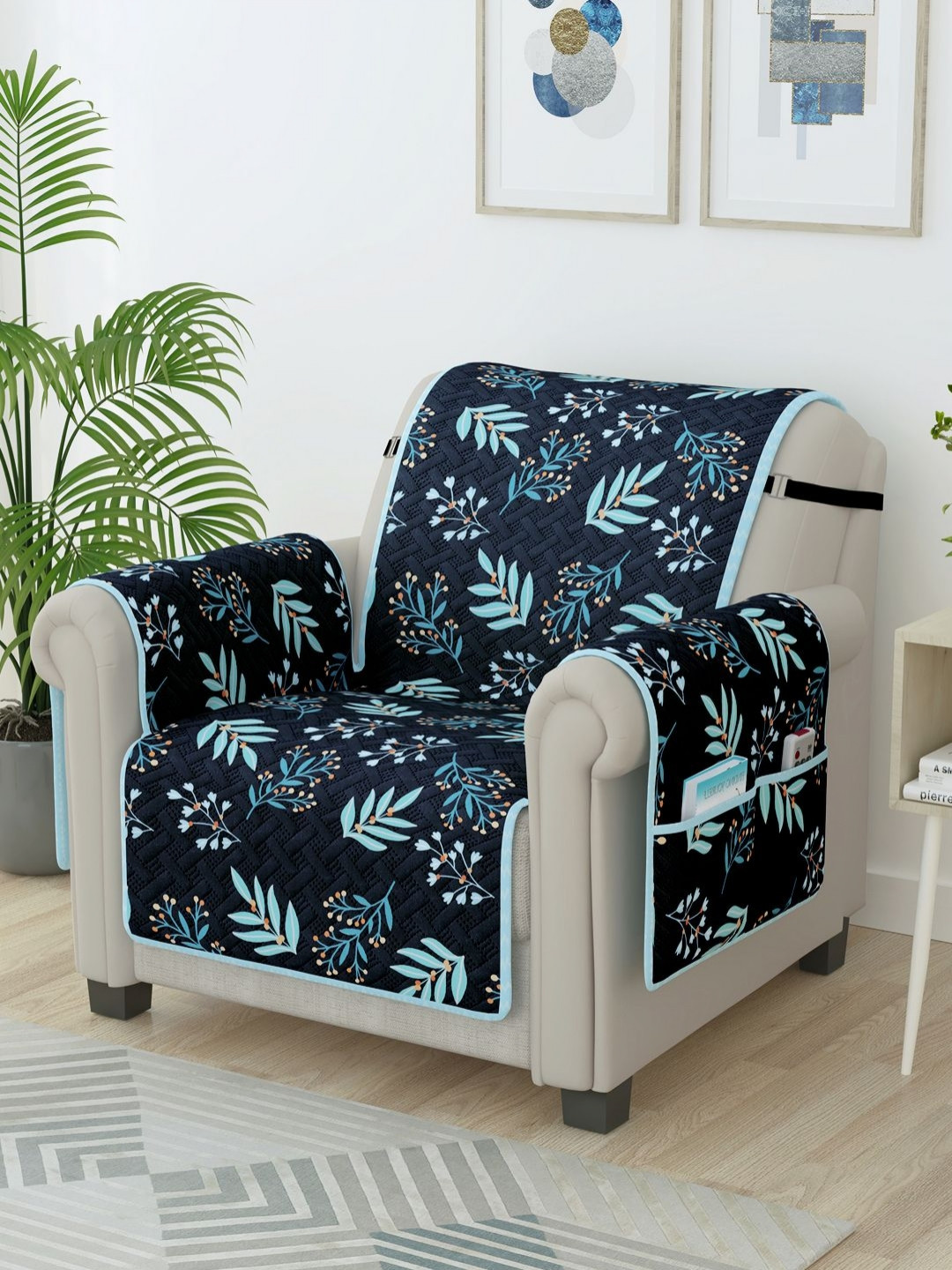 Story@home Navy Blue & Turquoise Blue Printed Microfiber Single Sofa Cover With Arms