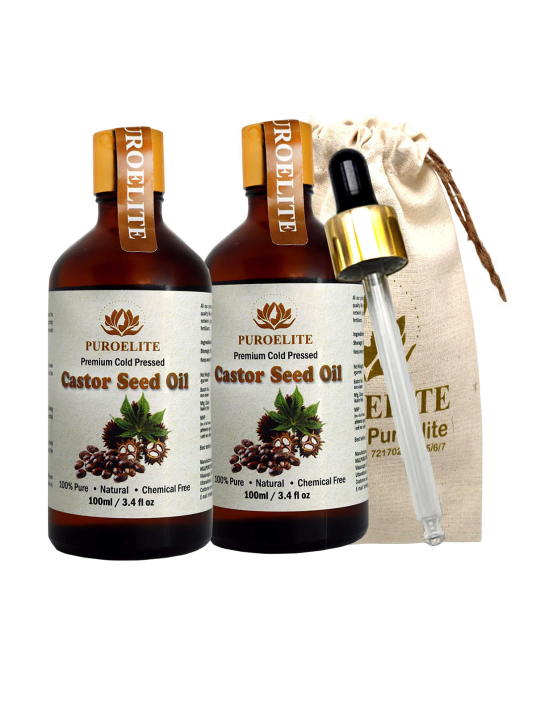 Puroelite Set Of 2 Cold Pressed Castor Seed Oil With Dropper For Face & Body - 100 ml Each