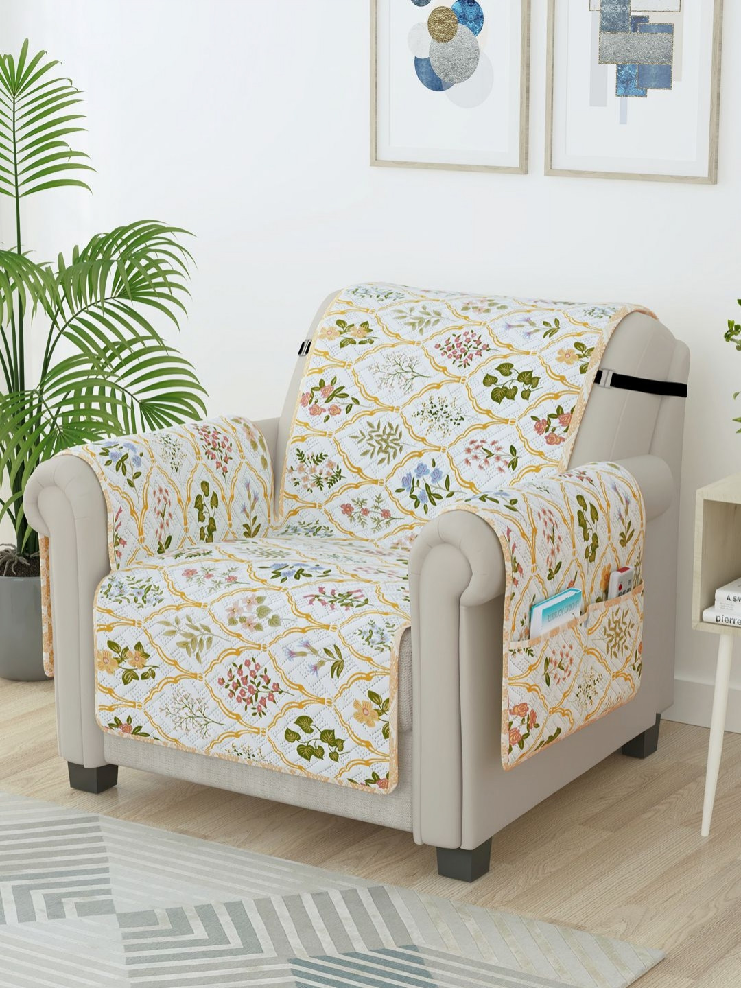 Story@home Beige & Green Printed Microfiber Single Sofa Cover With Arms