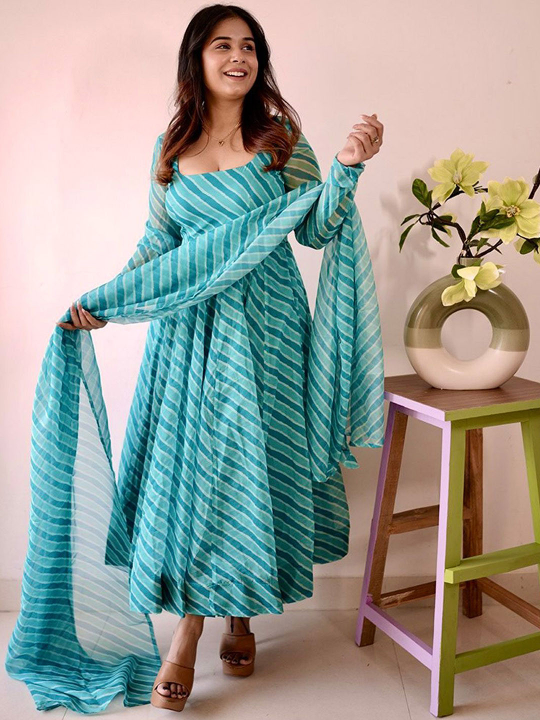 Tanhai Sky Blue Leheriya Printed Organza Anarkali Kurta Suit with Trousers & Dupatta